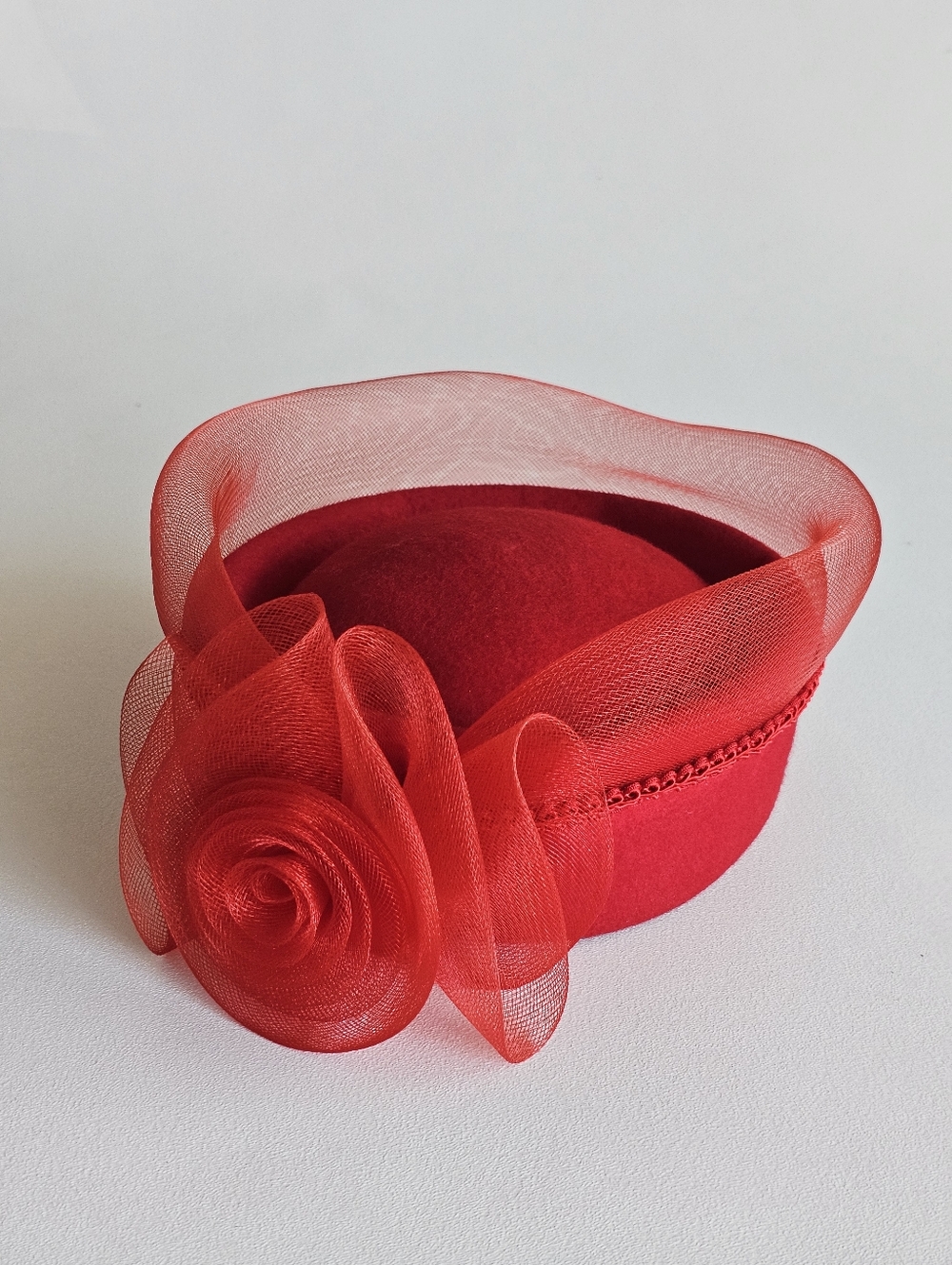 Vintage Red Wool Pillbox Hat Floral Mesh Rosette Dress Church Formal